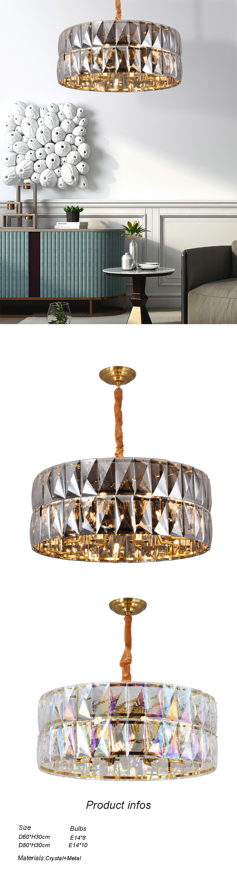 modern style K9 smoked color pendant chandelier for dining room