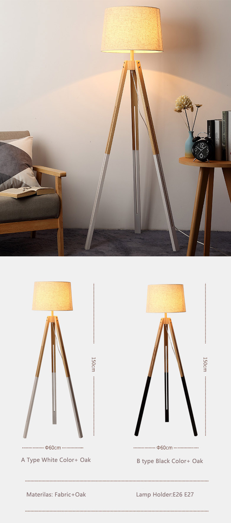 white and wood floor lamp